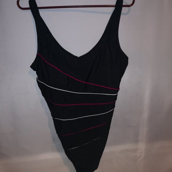 Roots Ladies Size 16 Black with Pink & White Stripes 1 Piece Bathing Suit - Picture 1 of 7